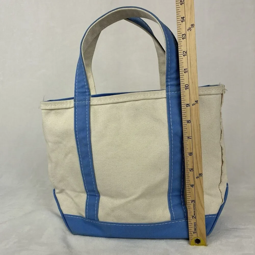 Vintage LL Bean Mini Boat And Tote -Beige Light Blue Canvas Bag With Zipper Top